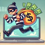 "A cartoon-style illustration of a thief wearing a black and white striped shirt, a mask, and a beanie, running off with a bag of money with a dollar sign on it, emphasizing cybercriminal activity."