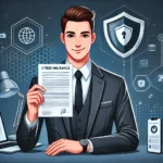 "A cartoon-style illustration of a businessman in a sharp suit holding a cyber insurance policy, looking relaxed and confident in a modern office setting with tech elements like a laptop and cybersecurity icons in the background."