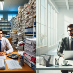 A composite image showing an accountant in two contrasting office environments. On the left, the accountant is surrounded by towering stacks of paperwork in a cluttered, traditional office. On the right, the same accountant is in a pristine, modern office with a clean desk, minimalistic decor, and no paperwork, symbolizing the transition from manual accounting to digital solutions.