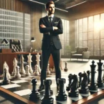 A photorealistic image of a CEO standing on a life-sized chessboard inside an executive office. Large chess pieces surround him as he looks impressed and satisfied with his strategic decisions. The office features modern decor, a wooden desk, and large windows overlooking a cityscape.