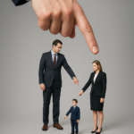 A photorealistic image of a chain of people pointing at one another, starting with a large authoritative hand at the top pointing down. Each person in the sequence points to someone smaller, visually representing the passing of blame.