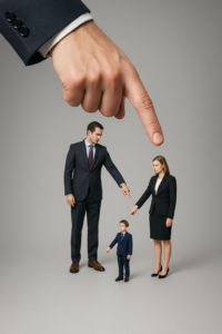 A photorealistic image of a chain of people pointing at one another, starting with a large authoritative hand at the top pointing down. Each person in the sequence points to someone smaller, visually representing the passing of blame.