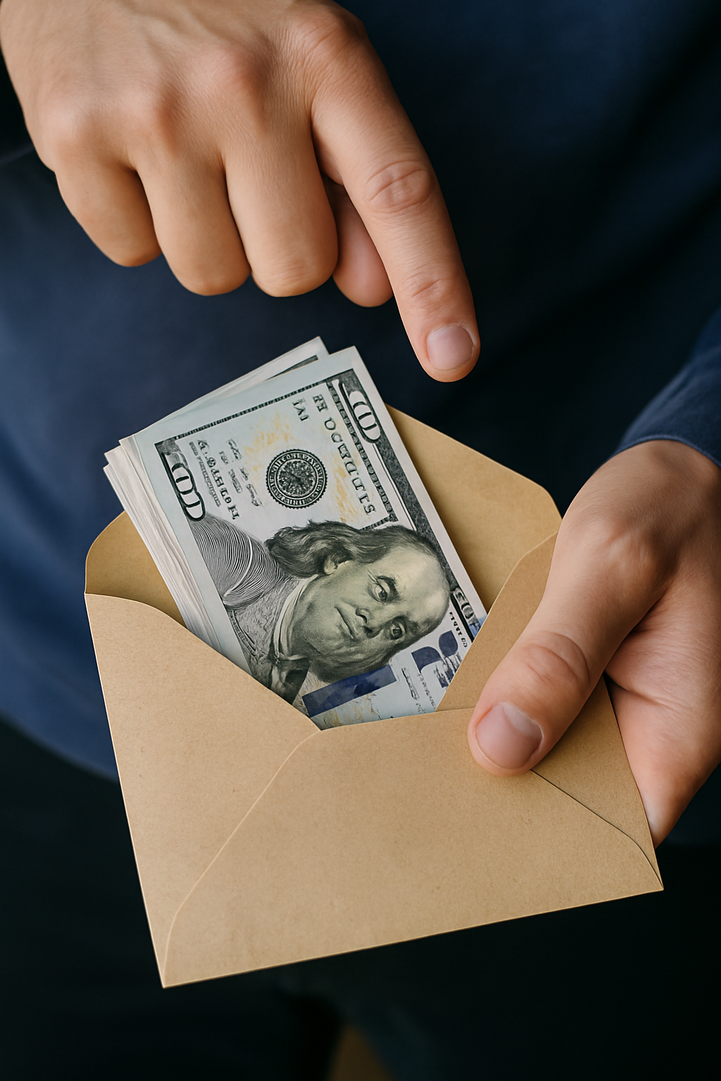 A close-up photorealistic image of a person discreetly handing an envelope filled with cash to another person, suggesting the sensitive and high-risk nature of financial transactions.