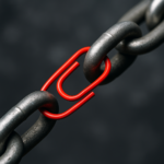 A close-up photorealistic image of a heavy steel chain where one link is replaced by a red paperclip that is visibly bending under the tension.