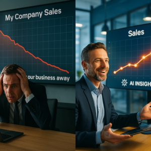 Split-screen image of two CEOs: one panicked while viewing a declining sales chart labeled "My Company Sales" and "AI is taking our business away," and the other confident and smiling while viewing an accelerating sales chart powered by AI.