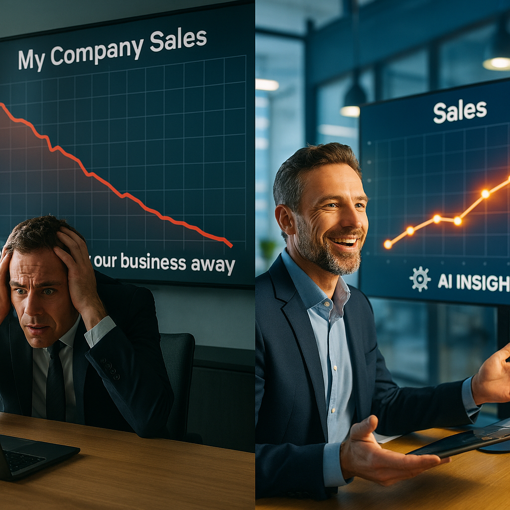 Split-screen image of two CEOs: one panicked while viewing a declining sales chart labeled "My Company Sales" and "AI is taking our business away," and the other confident and smiling while viewing an accelerating sales chart powered by AI.